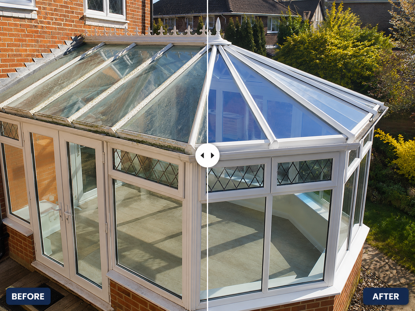 Conservatory roof before and after cleaning
